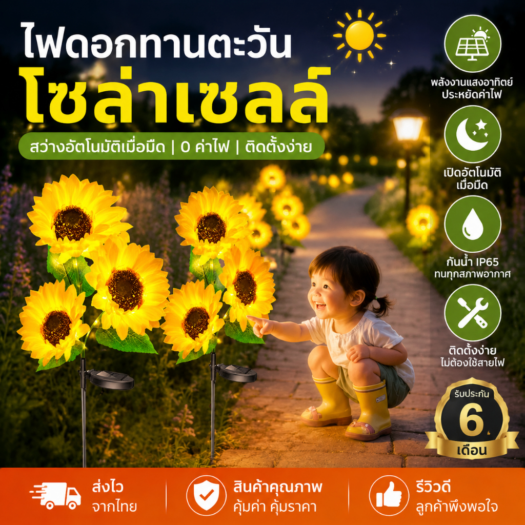 ไฟ นํา ดอกทานตะวันพลังงานแสงอาทิตย์ กันน้ำ IP65 โคมไฟภูมิทัศน์สร้างสรรค์ ตกแต่งสวนจำลอง ไฟประดับ