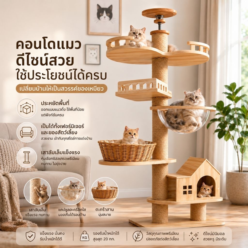 A09🌈DIYคอนโดแมวติดเพดาน  คอนโดแมวทั่วไป แกนเสาPVCเจ้าเดียวในไทย คอนโดปีนป่าย  เฟอร์นิเจอร์แมว