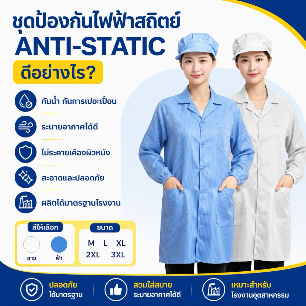 เสื้อกาวน์ESDกันไฟฟ้าสถิต แขนยาว เสื้อกาวน์คลีนรูม ระบายอากาศ