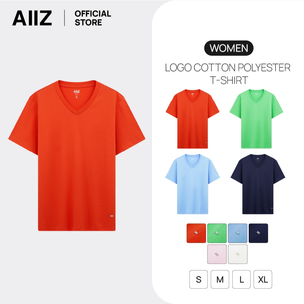 AIIZ (เอ ทู แซด) - AIIZ เสื้อยืดคอวีผู้หญิงสีพื้น โลโก้ AIIZ AIIZ Women’s Logo T-Shirt Cotton Polyes