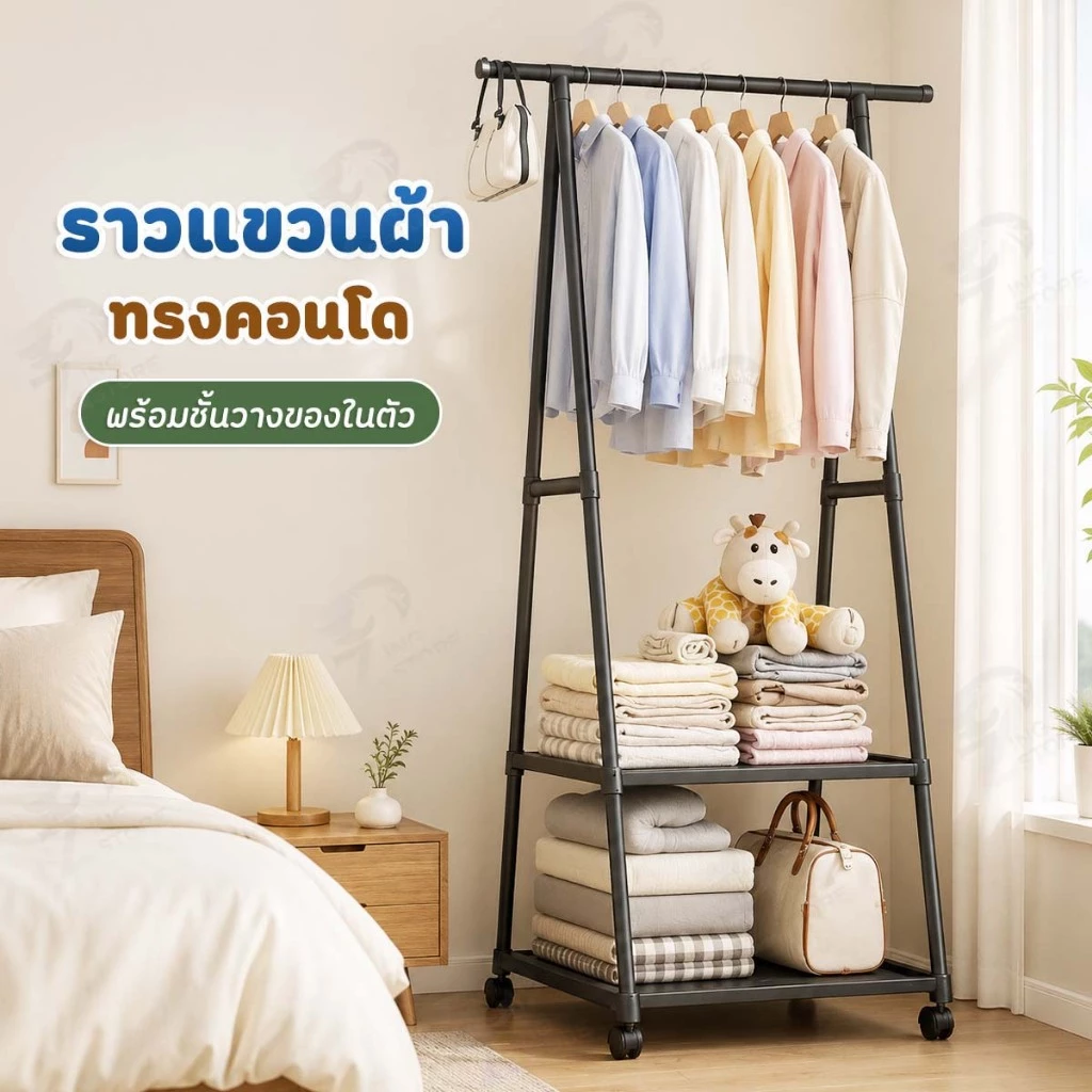 [ ราวแขวนผ้าทรงคอนโด ] ราวแขวนเสื้อ ชั้นวางของทรงสามเหลี่ยม เคลื่อนย้ายสะดวกราวแขวนผ้า+ชั้นวางของ AC