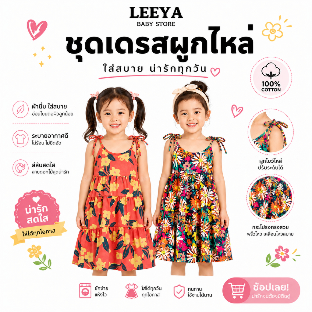 Leeya AA2 ชุดเดรสเด็กผู้หญิง ชุดเดรสผูกไหล่ สไตล์น่ารัก 6 เดือนถึง 5 ปี Baby & Kids Cotton Dress Super Cute