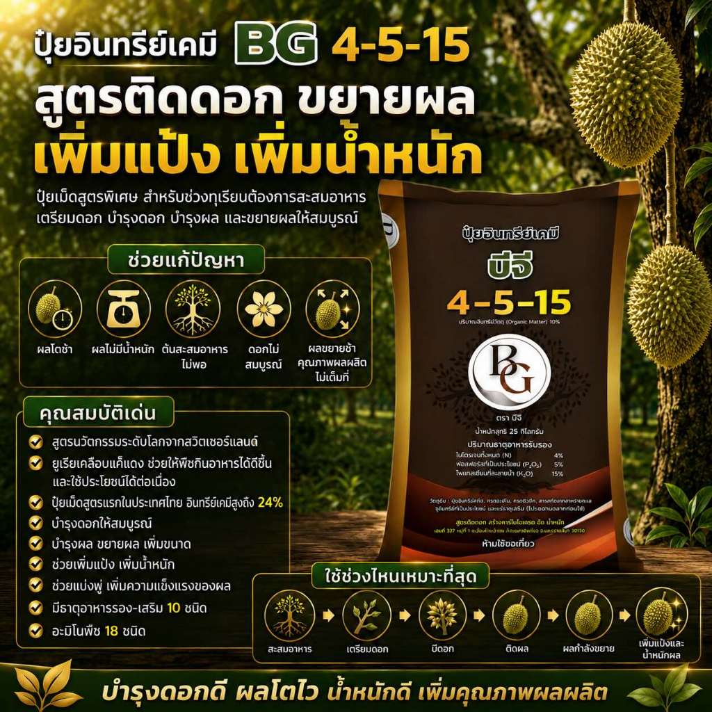 BG ปุ๋ยอินทรีย์เคมีสูตร4-5-15 เคลือบเม็ดสามชั้น กินเร็วกินนาน ช่วยรากลำต้น สร้างผลและลูกสมบูรณ์ รสชาติดี ภูมิคุ้มกันดี