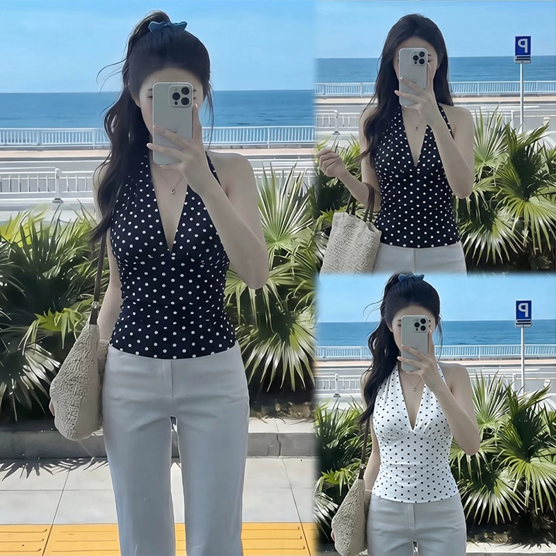 เสื้อกล้ามผูกคอสไตล์สาว คลาสสิก จุดโบว์ ผู้หญิง ฤดูร้อน ซีทรู วีคอฟฟ์ กระชับรูปทรง สั้นแขนเสื้อ