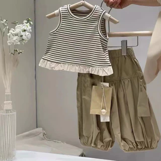 [Namsaii kids]i-010🔥พร้อมส่ง🔥ชุดเซท2ชิ้น ชุดเด็กผู้หญิง เสื้อแขนกุดลายริ้วแต่งระบาย + กางเกงขาพอง สไตล์เกาหลี
