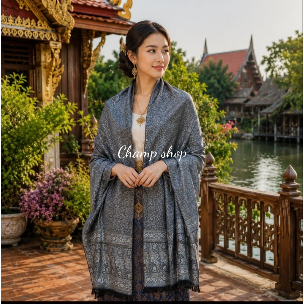 ผ้าพันคอ ผ้าคลุมไหล่ ลายไทย เนื้อผ้าลื่นๆทิ้งตัว ผ้าแพรไหม เป็นของขวัญ ของฝากผู้ใหญ่