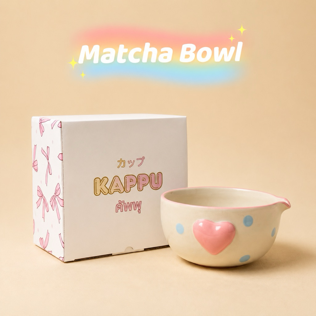 พร้อมส่ง Matcha Bowl ถ้วยชงมัทฉะติดหัวใจและโบว์นูน 2ด้าน ใบใหญ่450ml ตีไมโครโฟมง่าย