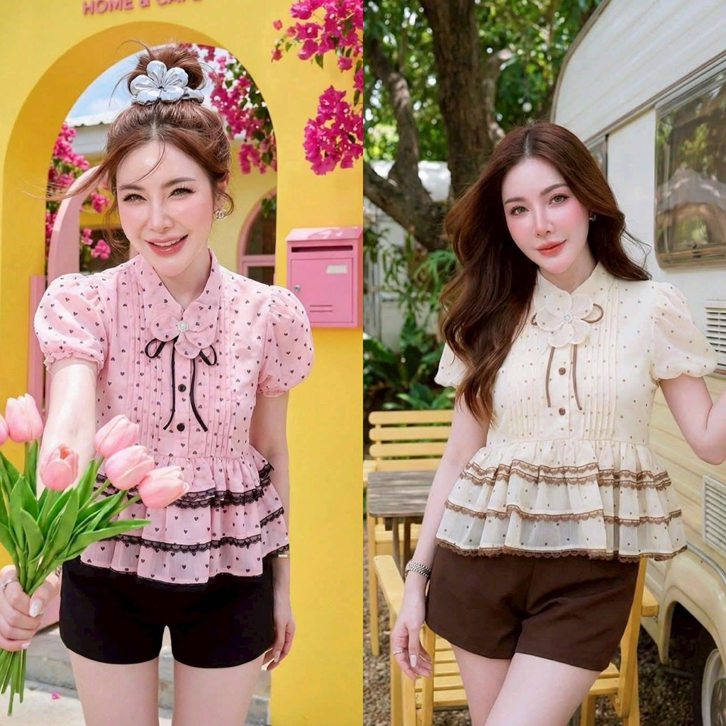 (ปกติ อกวัดตึงสุด)ชุดเซตกางเกงขาสั้น เสื้อชั้นๆ ลายจุด+กางเกงขาสั้น งานน่ารักมากๆ ป้าย si-am