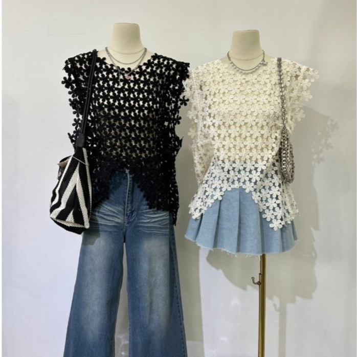 Premium Floral Lace Top เสื้อลูกไม้ถักดีไซน์พรีเมี่ยม งานละเอียด ลายดอกไม้สามมิติเน้นๆ