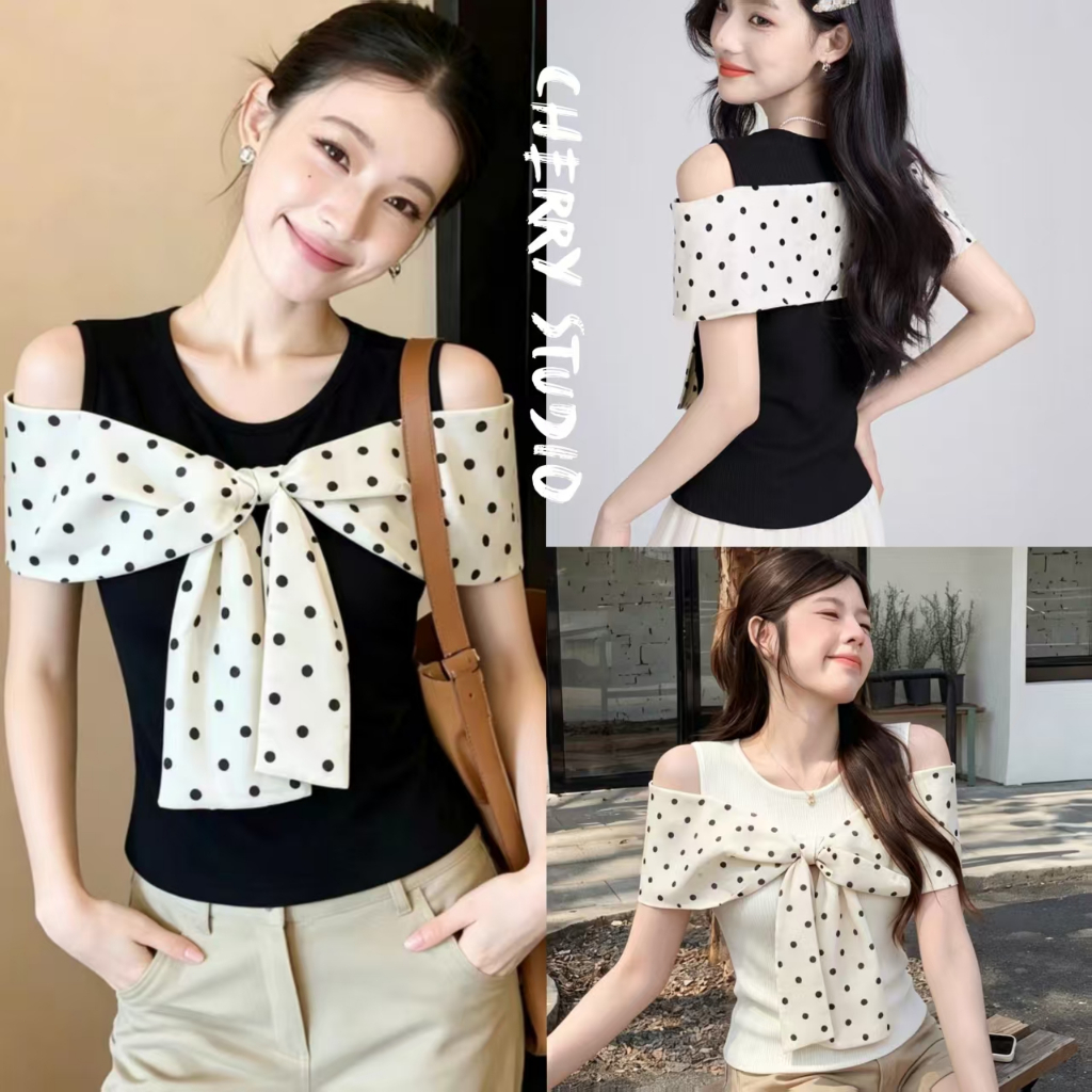 Cherry 🎀พร้อมส่ง🌺เสื้อยืดสีดำดีไซน์พิเศษ 🎀ต่อผ้าโบว์ผสานลายจุด🍒ดีเทลเปิดไหล่ สไตล์เกาหลีหวาน น่ารักไม่เหมือนใคร