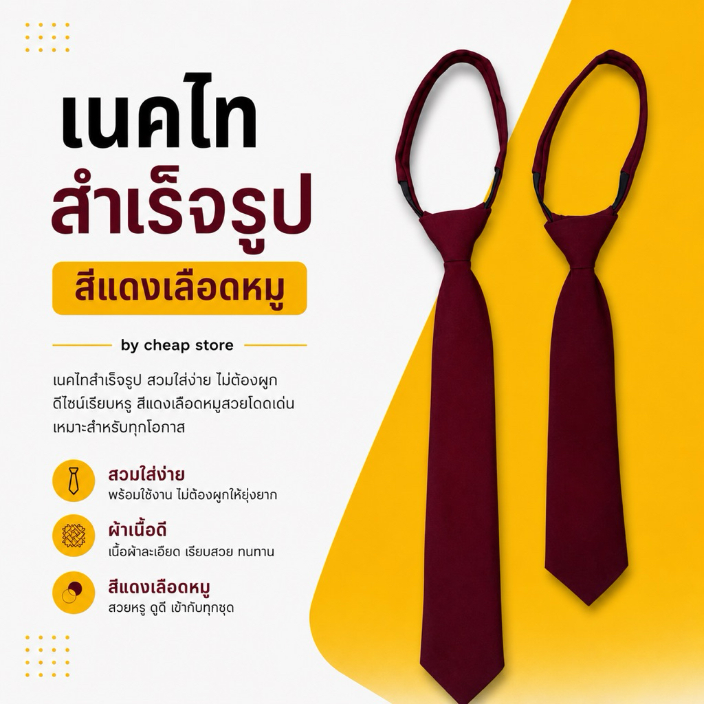 เนคไทสำเร็จรูปสีแดงเลือดหมู งานคุณภาพ พร้อมส่ง