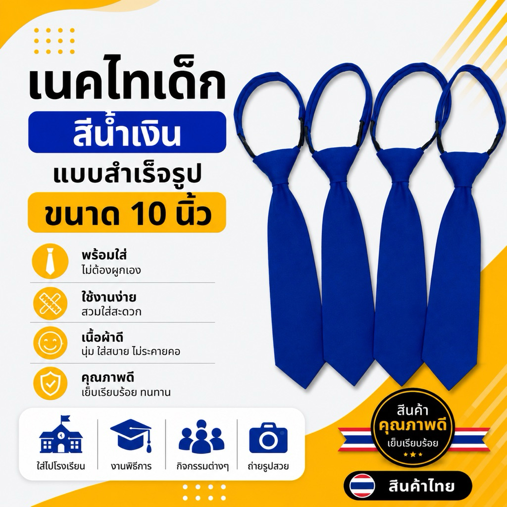 เนคไทเด็ก เนกไทเด็กสำเร็จรูปสีน้ำเงิน สินค้าไทย ใช้งานง่าย ปรับขนาดได้ตามรอบคอ พร้อมส่ง
