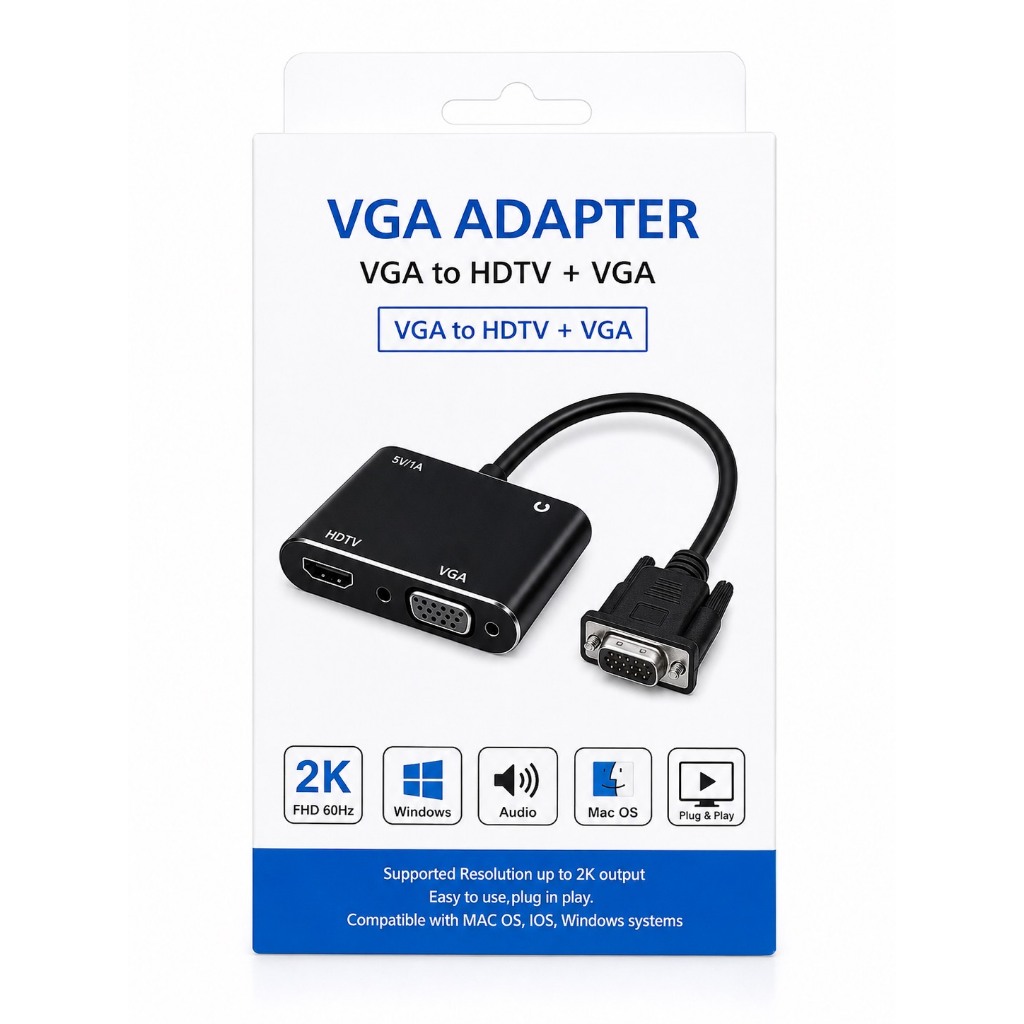 อะแดปเตอร์แปลงสัญญาณ VGA เป็น HDTV และ VGA พร้อมเสียง 3.5 มม. รองรับจอแสดงผลคู่
