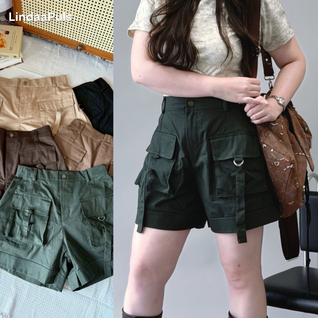 LindaaPlus-- กางเกงขาสั้นแคมป์ปิ้งสาวอวบอ้วน🪵 กระเป๋าหน้าใบใหญ่แต่งห่วง ใช้ได้จริง เอวสูง ไม่รั้งเป้า ใส่สบาย