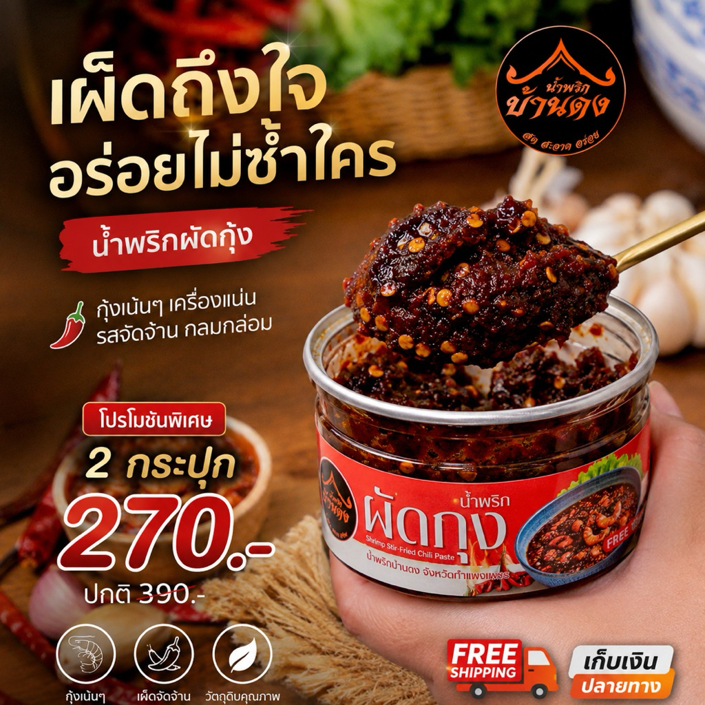 น้ำพริกผัดกุ้ง+ น้ำพริกแมงดาบ้านดง  ขนาด 200 กรัม โปร  2 กระปุก 270