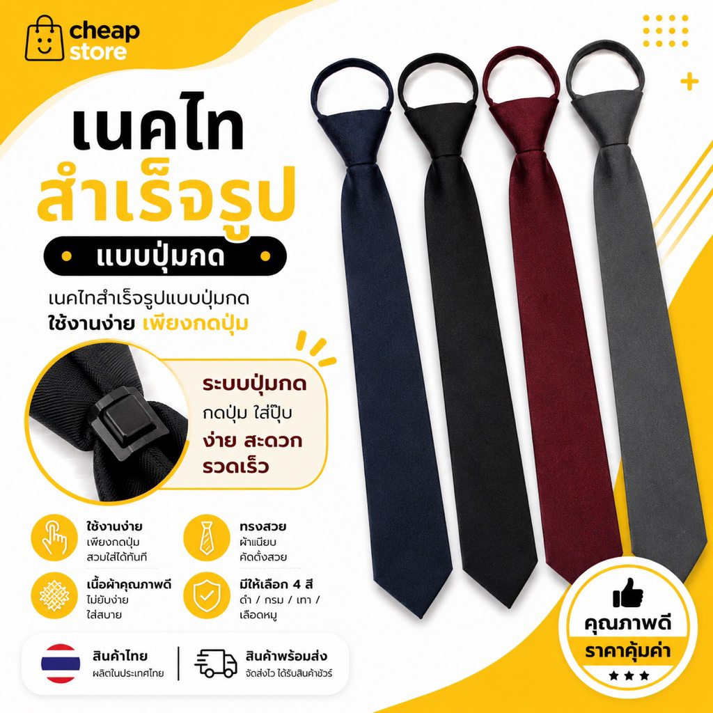 เนคไทสำเร็จรูป เนกไทผ้าดี งานคุณภาพ ใช้ง่าย มีปุ่มกดพร้อมส่ง ราคาเบาๆ