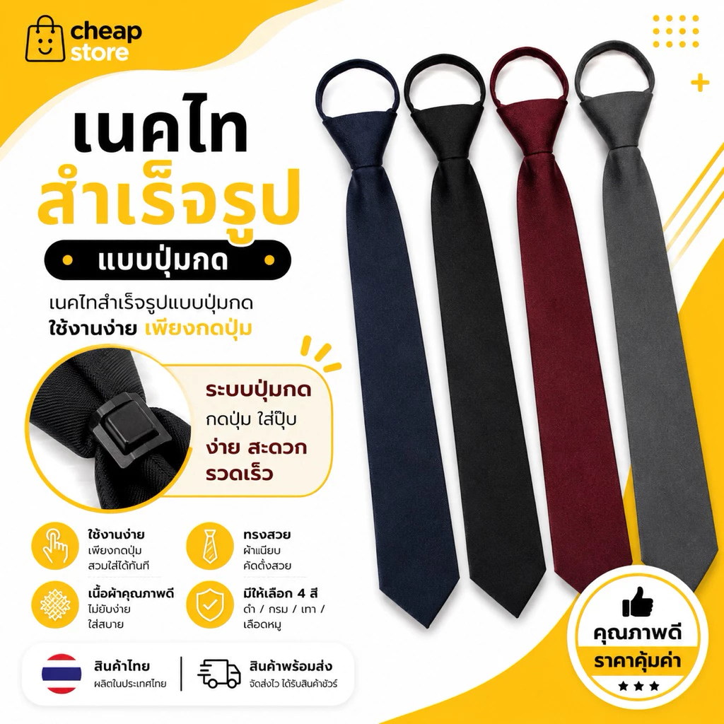 เนคไทสำเร็จรูป เนกไทผ้าดี งานคุณภาพ ใช้ง่าย มีปุ่มกดพร้อมส่ง ราคาเบาๆ