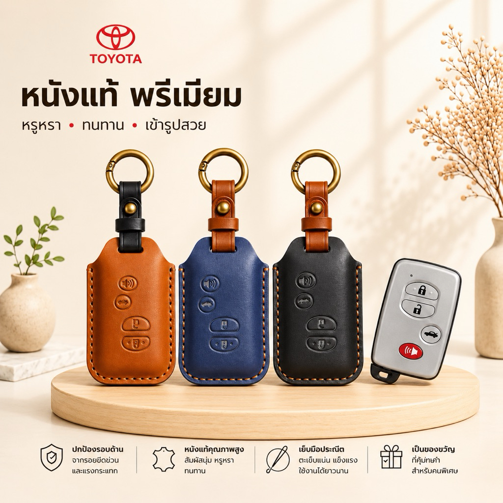 ซองหนังแท้ ใส่กุญแจรีโมทรถยนต์ รุ่นหนังกลับ Toyota Camry Hybrid ,Prius,Altis