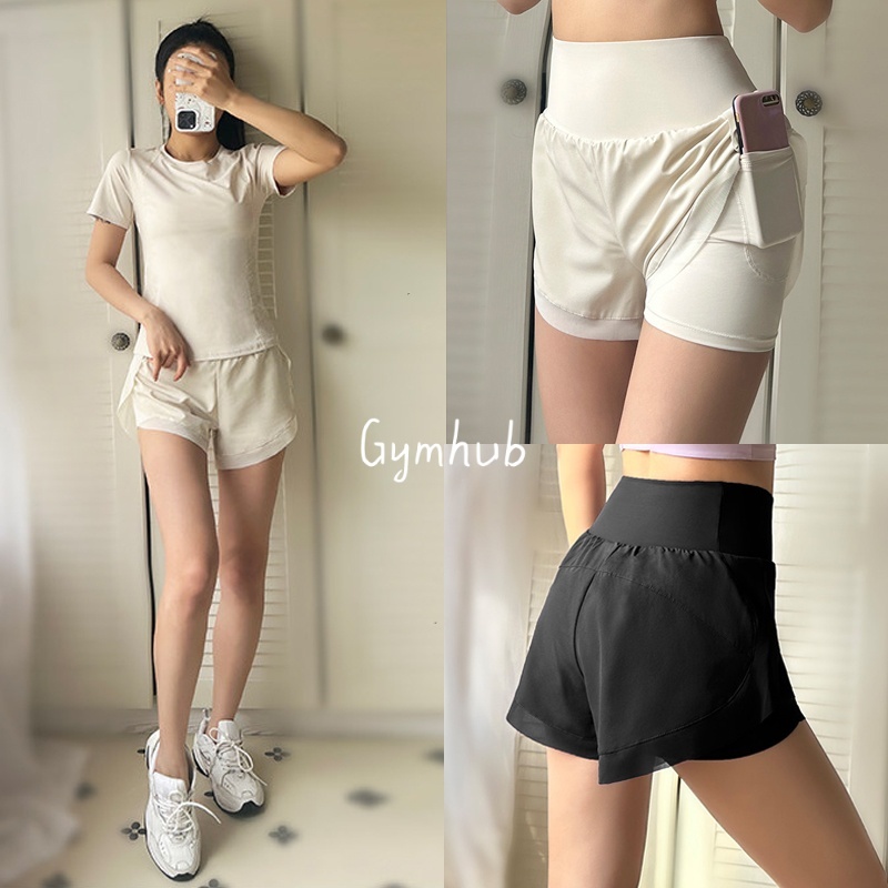 GYMHUBกางเกงขาสั้นโยคะ&ออกกำลังกาย เอวสูง มีซับในป้องกันโชว์ตัว ดีไซน์สองชิ้นปลอม มีกระเป๋า สำหรับผู้หญิง ฤดูร้อนค่ะ