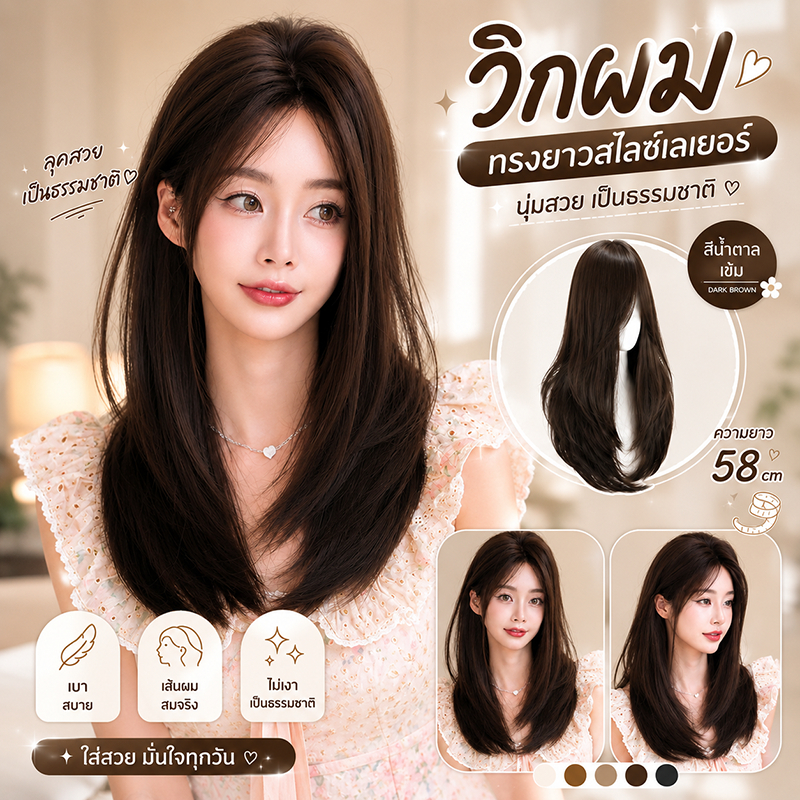 MAYAWIG วิกผมทอจิ๊ดริด ผมยาวประบ่า สไลด์เลเยอร์ แสกกลาง สีน้ำตาล (60 cm.) MJ14-1