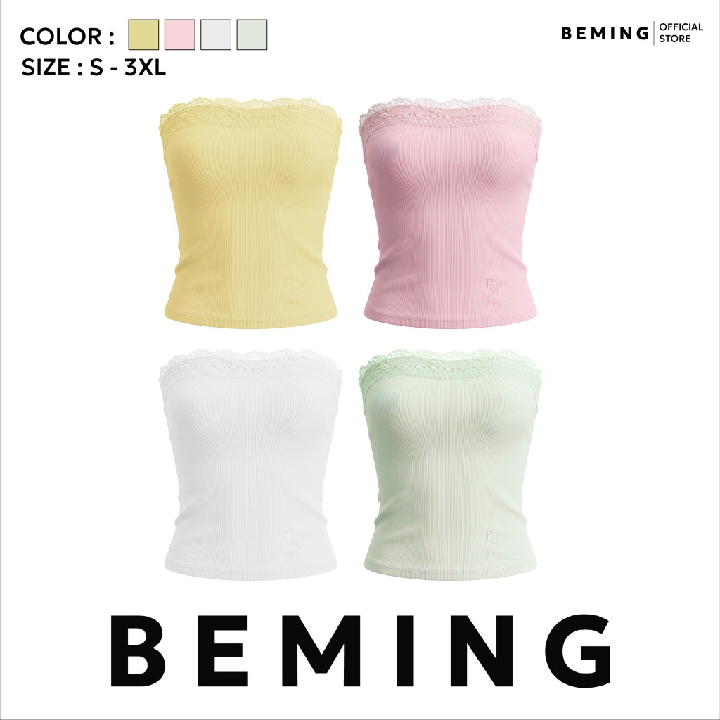 Bemingtop1210(S-3XL)-Tube Top - เกาะอกดีไซน์เรียบแต่งขอบลูกไม้ฉลุช่วงอก