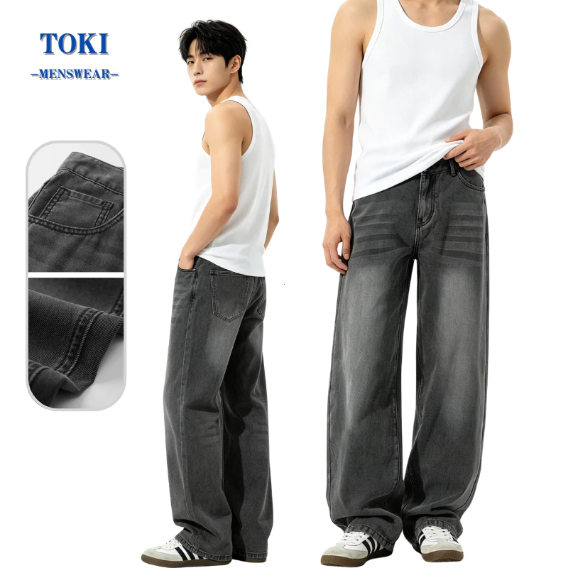 toki-กางเกงยีนส์ขายาวผู้ชาย สีดำเทา ขากระบอก ผ้ายีนส์นิ่ม ทรงสวย baggy jeans ย้อนยุค สไตล์เกาหลี