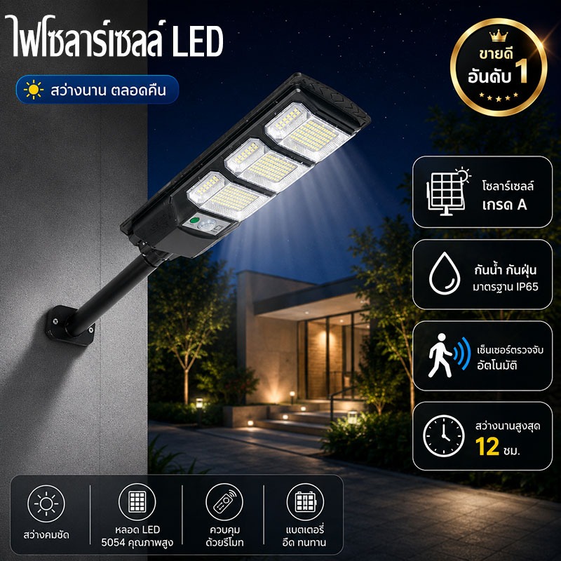 ซื้อ 1 แถม 1 โคมไฟโซล่าเซลล์ LED สว่างแรงพิเศษ เซ็นเซอร์ตรวจจับคนอัตโนมัติ กันน้ำ IP65 ค่าไฟ 0 บาท ใช้งานได้ทั้งคืน