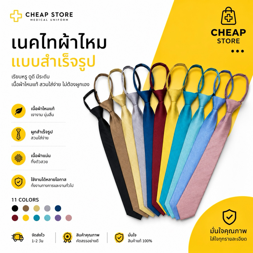 เนคไทสำเร็จรูป ผ้าไหม สินค้าไทย ใช้งานง่ายตัดเย็บเรียบร้อย พร้อมส่ง
