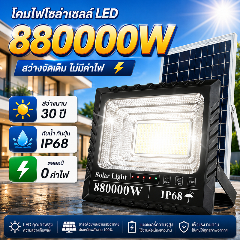 EEKOO【รับประกัน30ปี】ไฟโซล่าเซลล์ 880000W ซื้อ 1 แถม 1 โซล่าเซลล์ ไฟสปอร์ตไลท์ LED IP68 กันน้ำ สว่างอัตโนมัติเมื่อฟ้ามืด