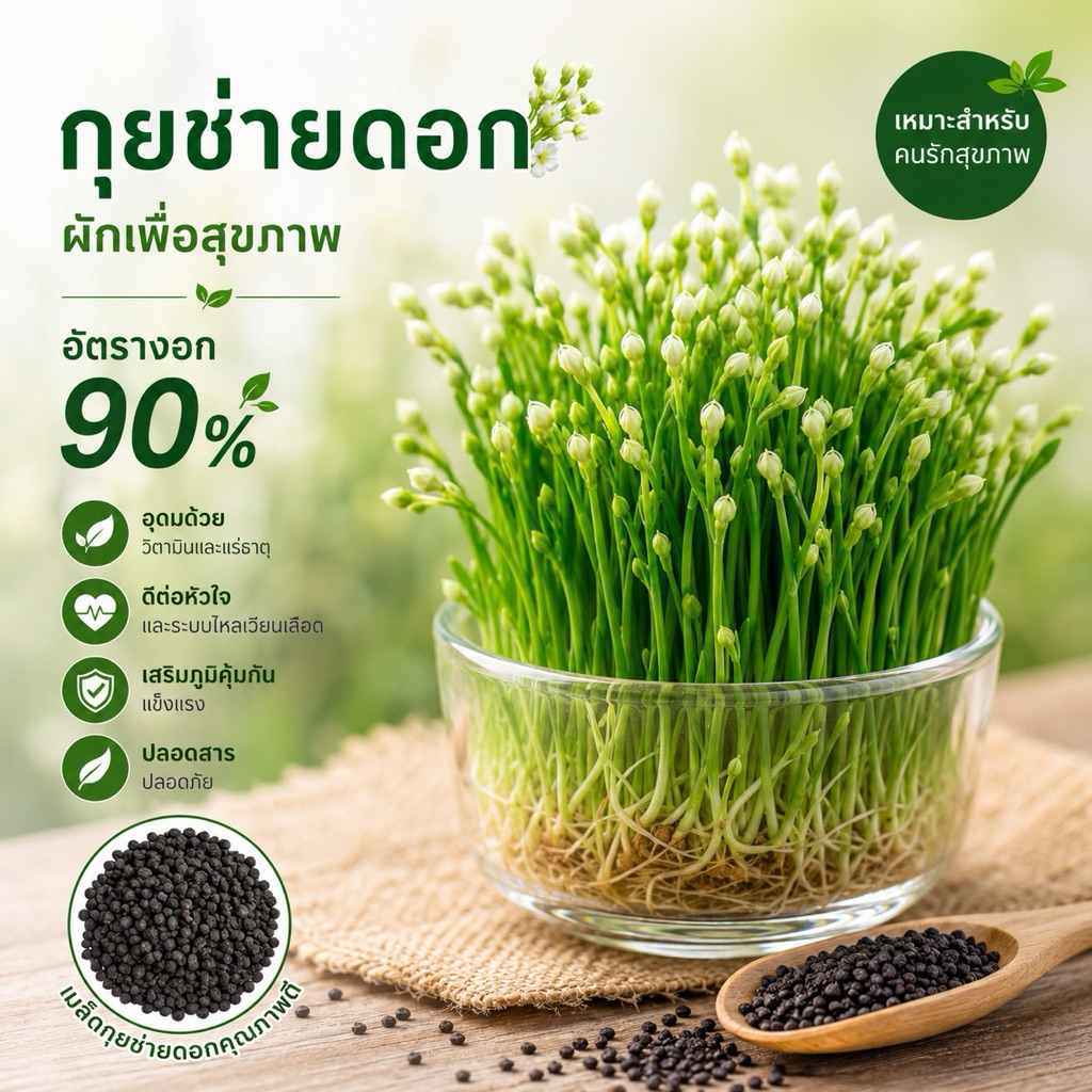 เมล็ดพันธุ์กุยช่ายดอก ดอกอูม ก้านอวบ อัตราการงอกดี(บรรจุ25-30เมล็ด)