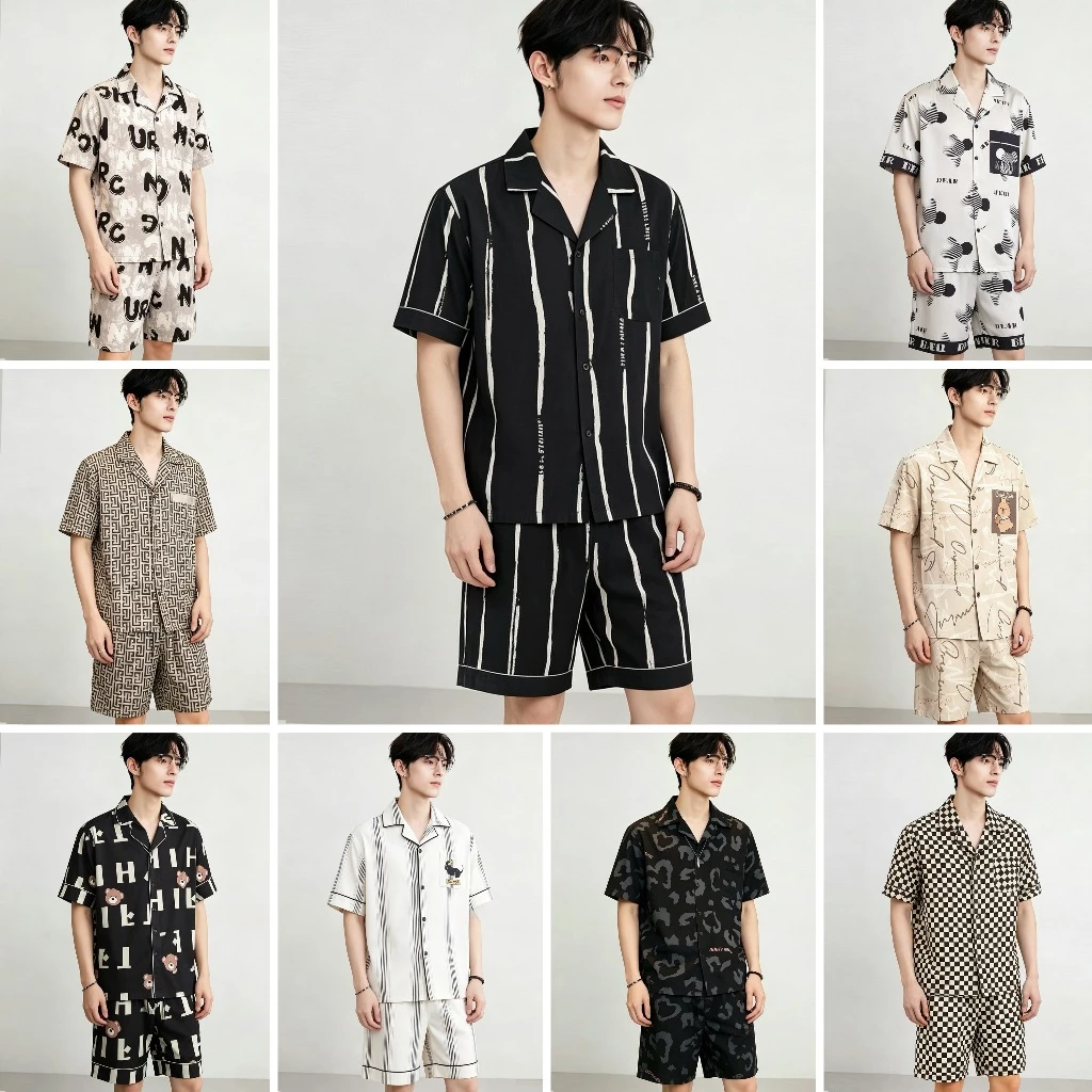 ชุดนอนสไตล์พรีเมียมเสื้อเชิ้ตมีลายพิมพ์ สวมข้างนอกได้ ผ้าไหมอิตาลี สบายผิว ระบายอากาศ ไม่อึดอัด ดูหรูหรา