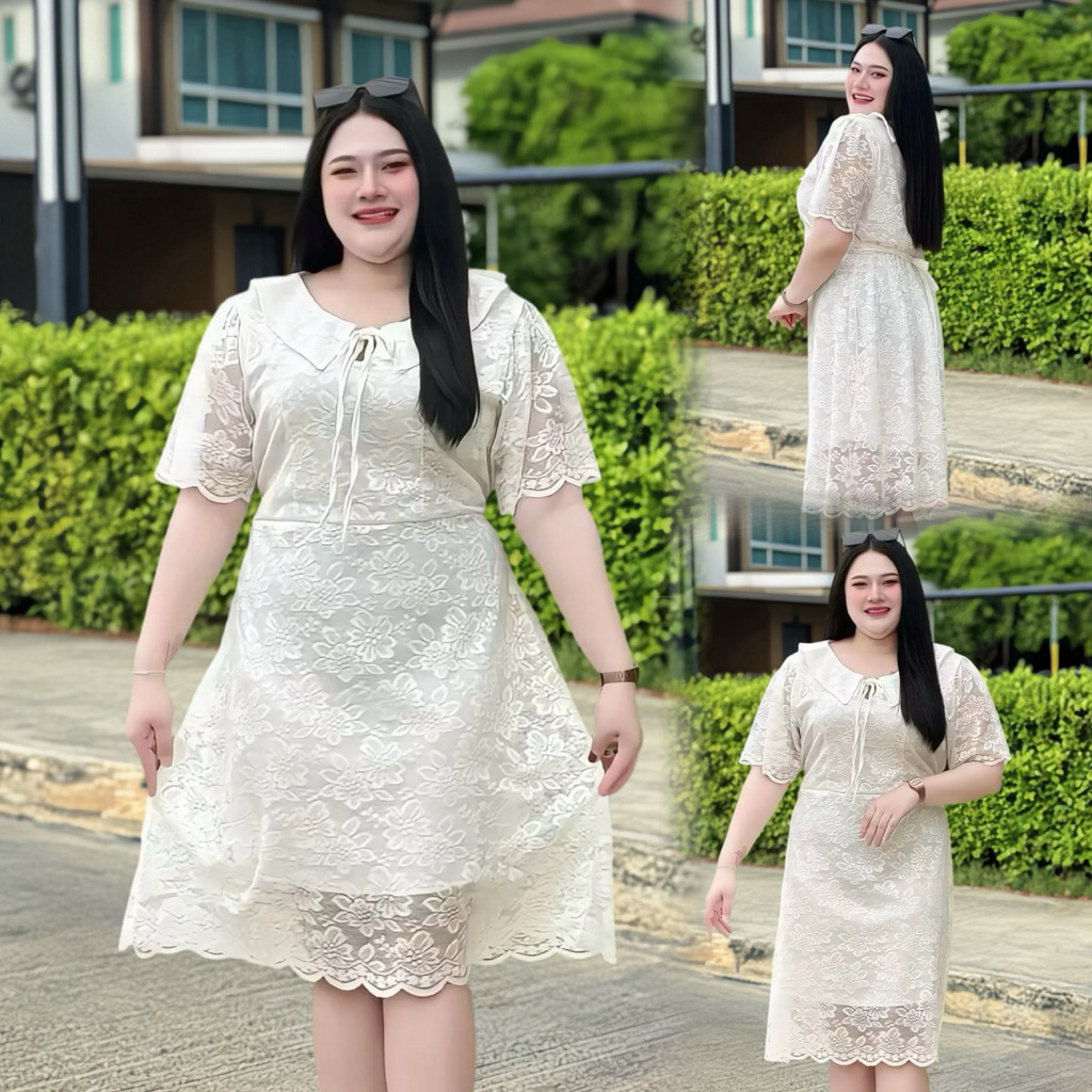 S226เดรสลูกไม้คอปกทรงเอ มีซับใน ไซส์ L XL 2XL รอบอก40-62นิ้ว มีโบว์ผูกเอวด้านหลัง ใส่ออกงานหรือใส่เที่ยวได้