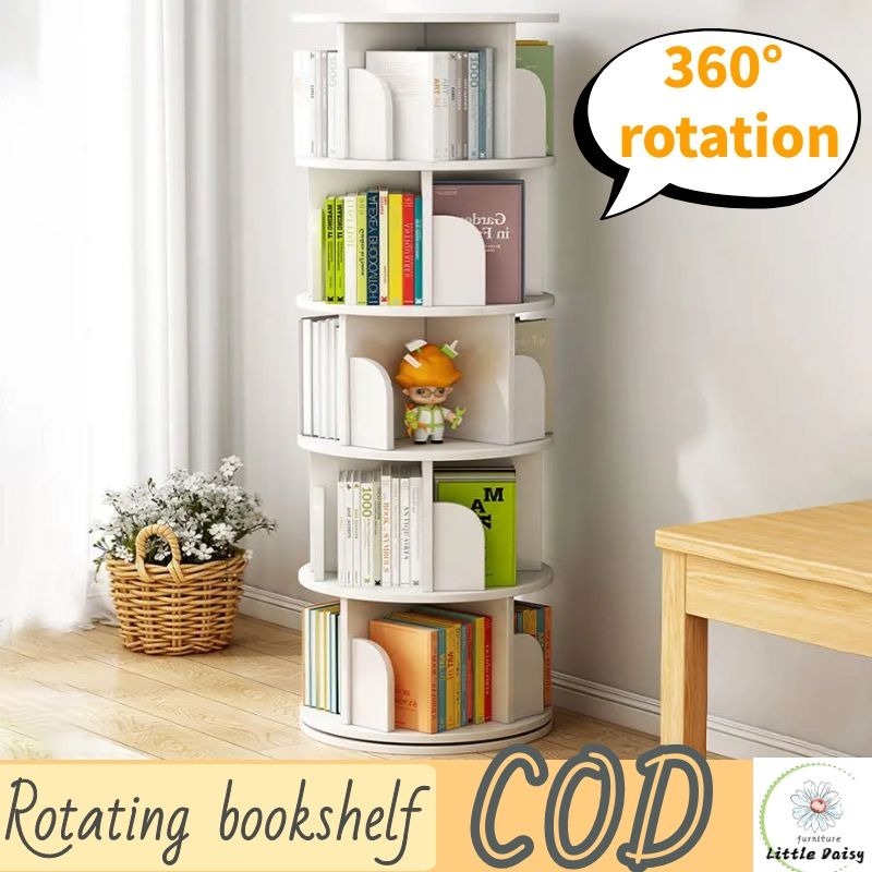 (เร็วจัดส่ง) 360 องศาชั้นวางหนังสือแบบหมุนตู้หนังสือในครัวเรือนประหยัดพื้นที่สะดวกในการหมุนชั้นวางหนังสือหมุนได้ ตู้เก็บ
