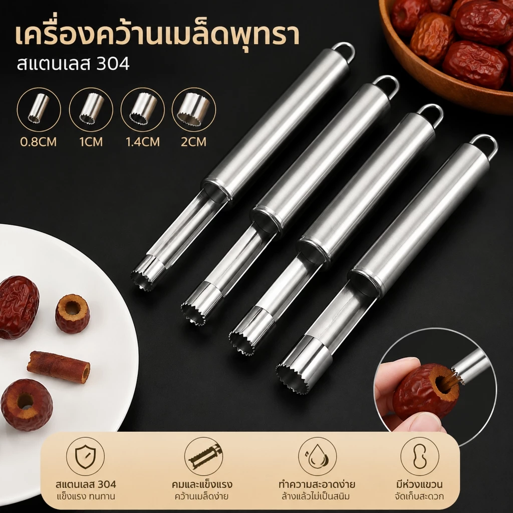 ที่เจาะแกนผลไม้ สแตนเลส 304 เจาะเม็ด คว้านเม็ด อเนกประสงค์ ใช้งานง่าย จับถนัดมือ 0.8/1/1.4/2cm อุปกรณ์ครัวใช้งานสะดวก