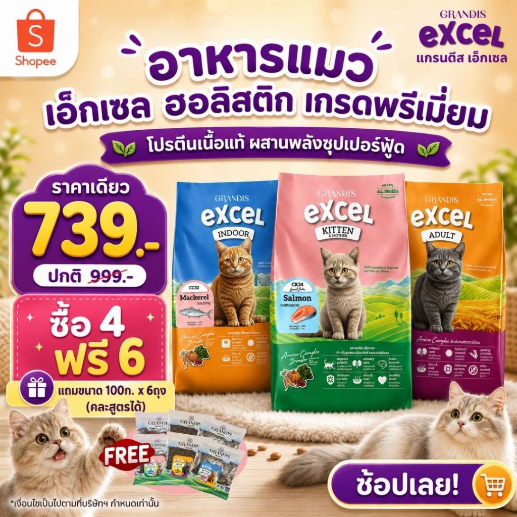 [สุดคุ้มซื้อ 4ถุง แถม 100กx6] อาหารแมว แกรนดีส เอ็กเซล ฮอลิสติก สูตรลูกแมว/แมวโต/แมวเลี้ยงในบ้าน