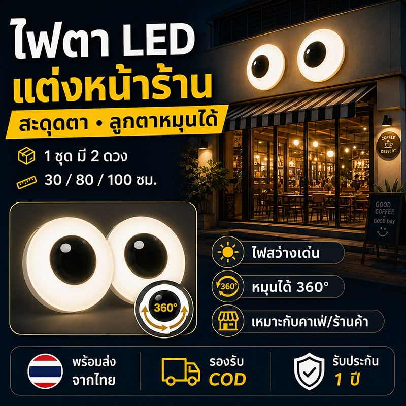 โคมไฟตา LED ติดหน้าร้าน ป้ายไฟตกแต่ง ลูกตาหมุนได้ 360° สำหรับคาเฟ่ ร้านนม ร้านขนม เบเกอรี่ 30/80/100ซม.