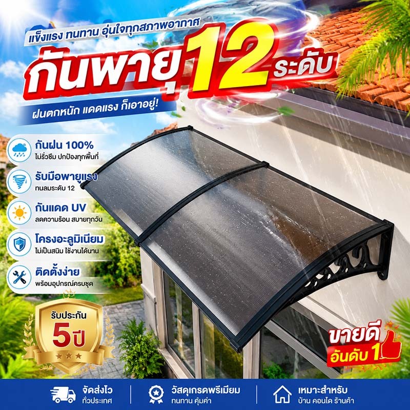 กันสาด 80/100*150cm กันแดด กันฝน ทนทานนาน ทนต่อการกระแทก กันสาดโพลีคาร์บอเนต กันสาดบังแดดฝน
