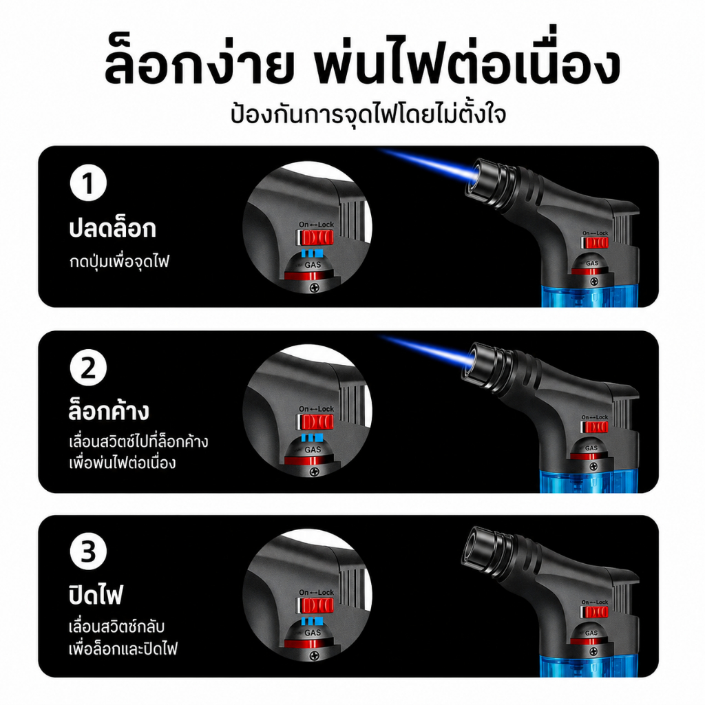 เติมเชื้อได้  เมื่อหมด ไฟหัวพ่นไฟอุณหภูมิสูง ไฟฟู่ ไฟจุดถ่าน สามารถเติมแก๊สได้ ใช้สำหรับเชื่อม พ่นไฟ จุดซิการ์ ธูป
