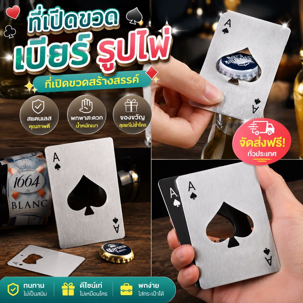 kingshopping (688)ที่เปิดขวดเบียร์ รูปไพ่ แบบสเตนเลส ที่เปิดขวด อุปกรณ์เปิดฝาขวด สแตนเลส