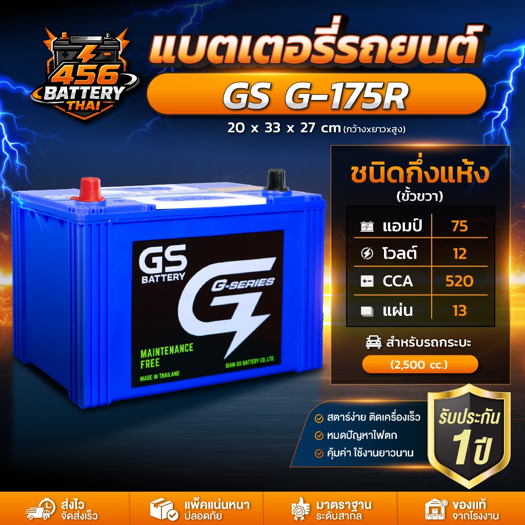 แบตรถยนต์ GS G-175 จี เอส แบตเตอรี่กึ่งแห้ง สำหรับกระบะ 2.5 cc. 75Ah. CCA520 พร้อมส่ง