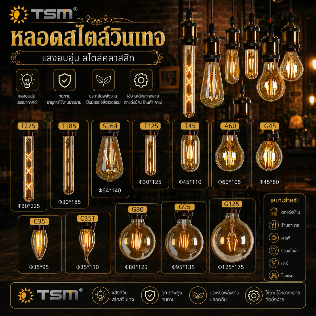 หลอดไฟวินเทจ LED E27กลม ST64/G95/A60 4W 8W 12Wแสงวอร์ม สีชา/แก้วไส/หลอดไฟ