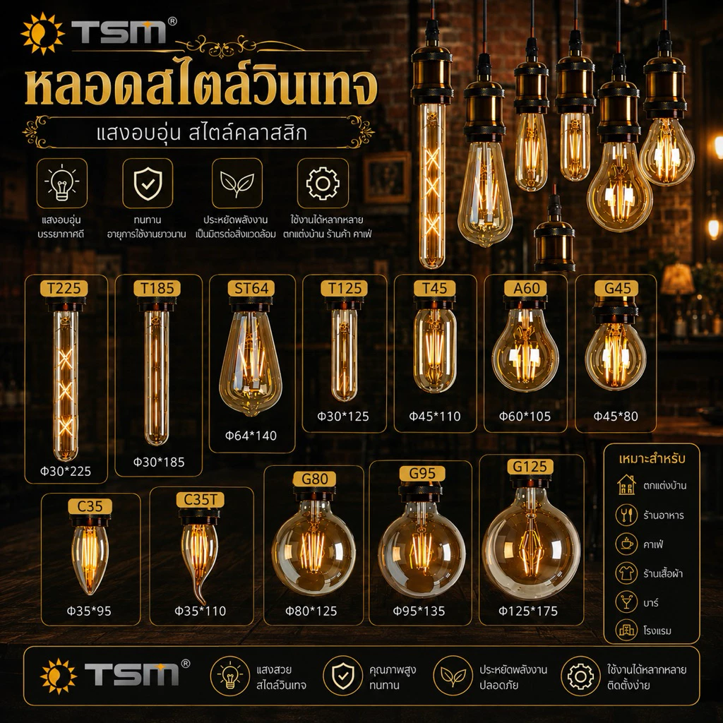 หลอดไฟวินเทจ LED E27กลม ST64/G95/A60 4W 8W 12Wแสงวอร์ม สีชา/แก้วไส/หลอดไฟ