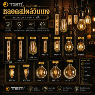 หลอดไฟวินเทจ LED E27กลม ST64/G95/A60 4W 8W 12Wแสงวอร์ม สีชา/แก้วไส/หลอดไฟ