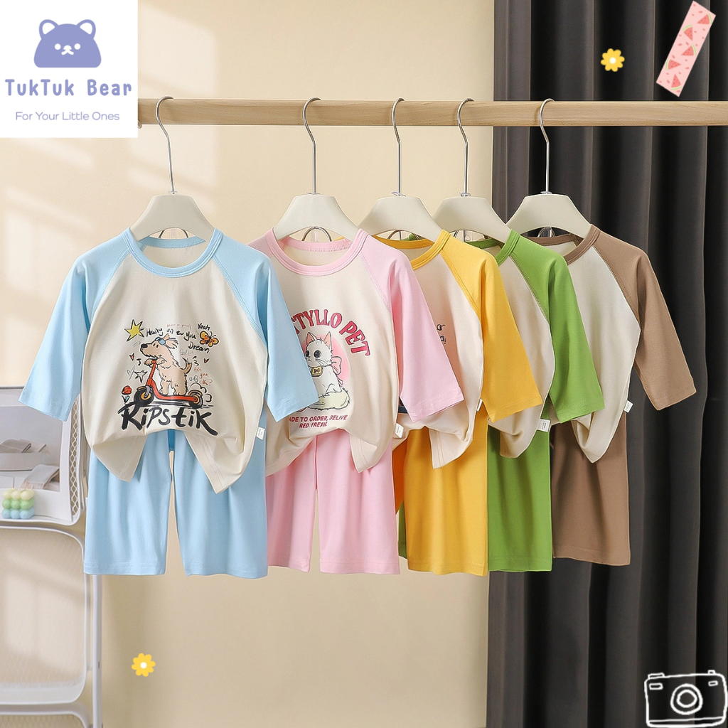 ชุดเสื้อแขน5ส่วนเด็ก ชุดเด็กใส่ในบ้าน ผ้าโมดัล ระบายอากาศได้ดี พิมพ์ลายการ์ตูน ไซส์80-160