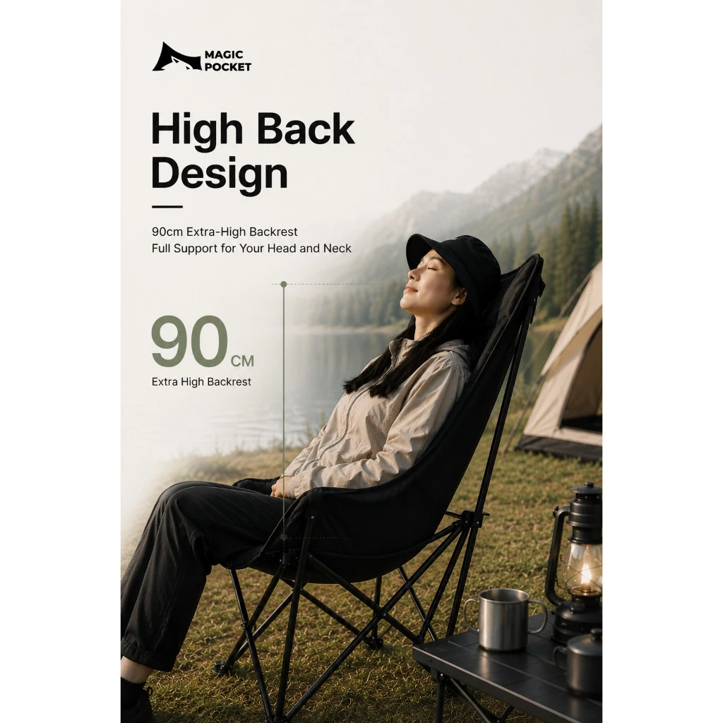 Magic Pocket เก้าอี้แคมป์ปิ้งพับได้ พนักพิงสูง รับน้ำหนัก 300KG แถมถุงเก็บ thumbnail 6
