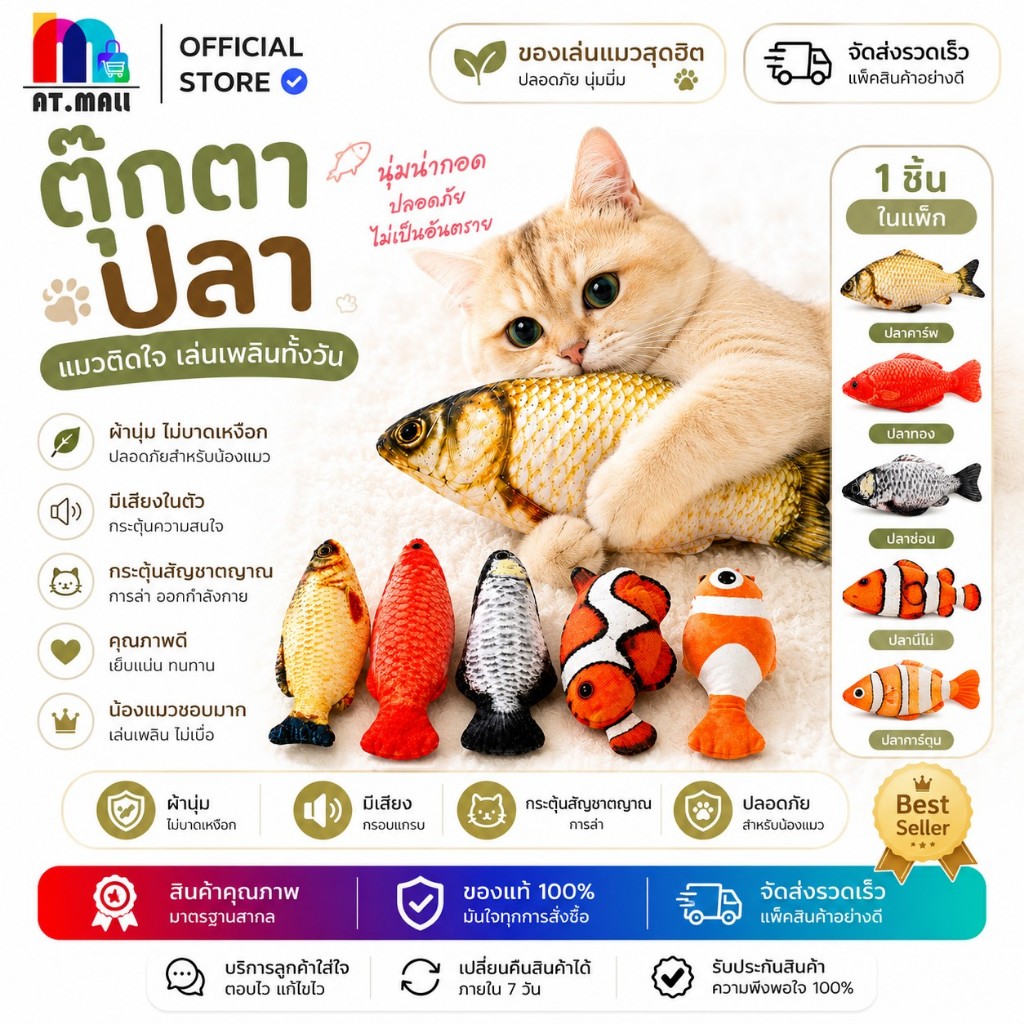 AT.MALL ตุ๊กตาปลา ของเล่นแมว มีเสียงกรอบแกรบ ตุ๊กตาปลาแมวเตะฟัดกอด อุปกรณ์สัตว์เลี้ยงคลายเครียด มีหลายลาย พร้อมส่ง