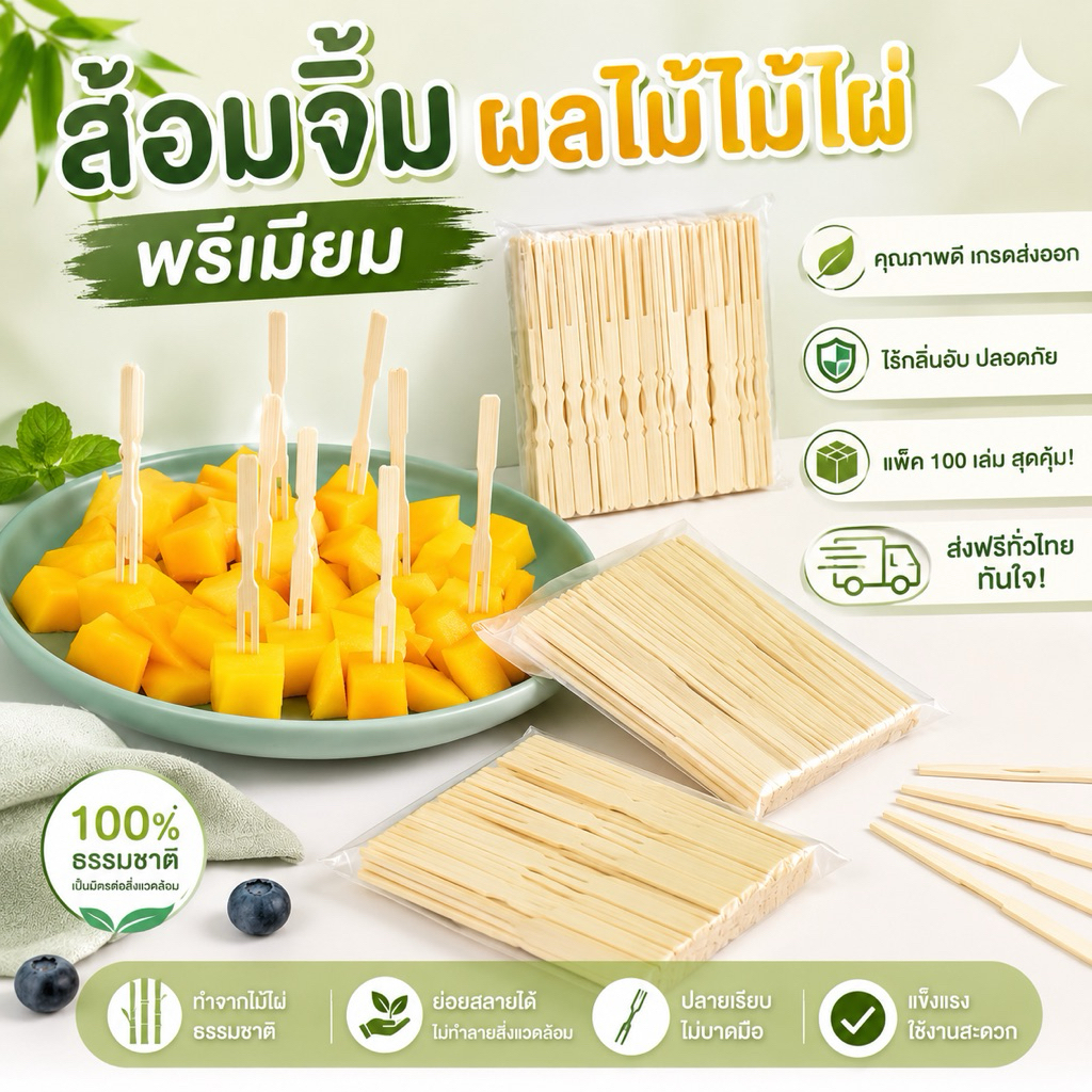 kingshopping (QY001）ไม้จิ้มผลไม้ ไม้พายจิ้มขนม ไม้ไผ่ธรรมชาติ (แพ็ค 100 ชิ้น) เกรดพรีเมียม ไร้กลิ่นอับ สะดวกพร้อมใช้