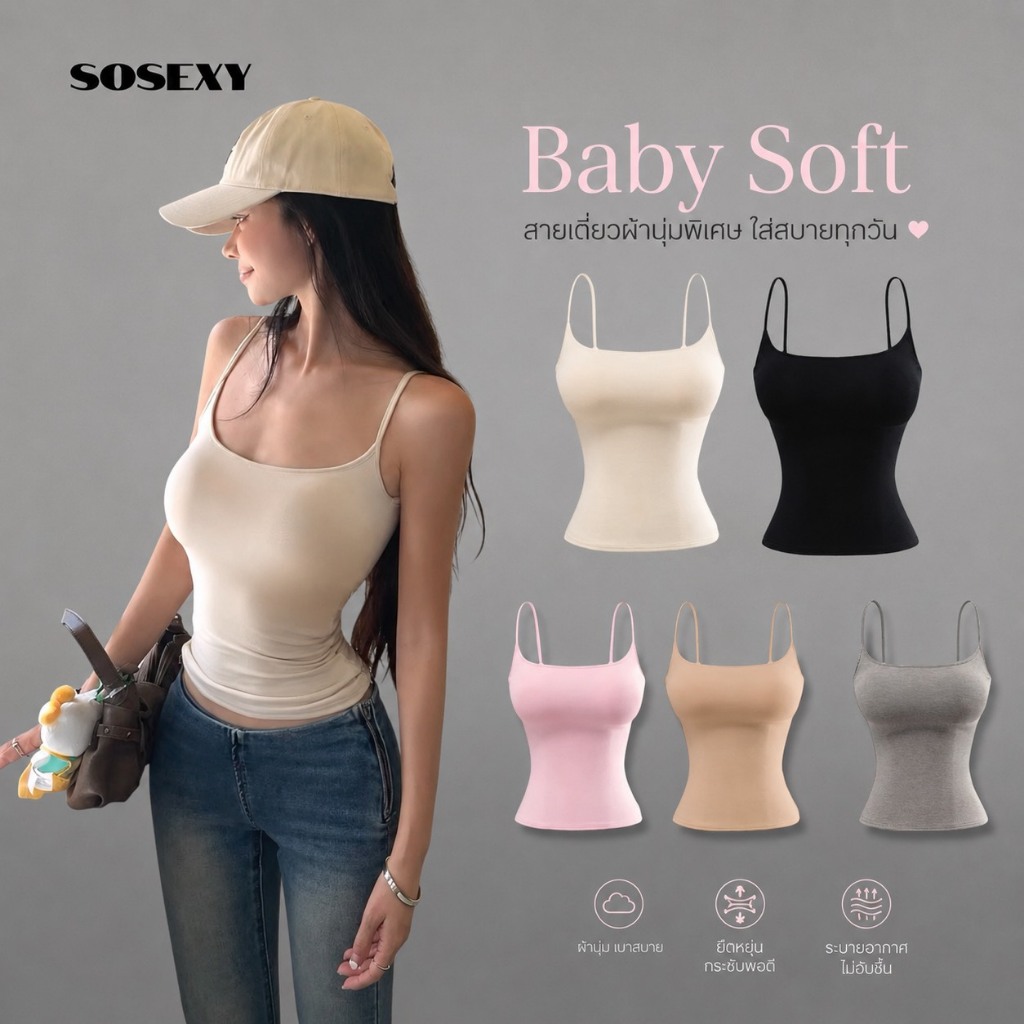 SOSEXY เสื้อครอปสายเดี่ยว เสริมฟองน้ำผ้านิ่มยืดหยุ่น ผ้านิ่มเข้ารูปสวย( พร้อมส่ง) 9083