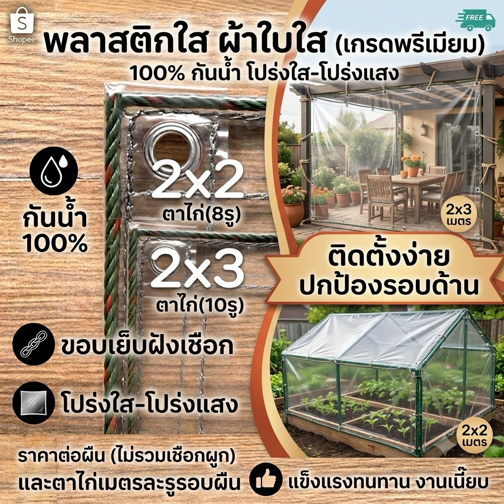 ผ้าใบพลาสติกใส ขอบเชือก 2x6 PVCอเนกประสงค์ กันน้ำ100% เกรด AAA ตาไก่เมตรละ1รู รอบผืน