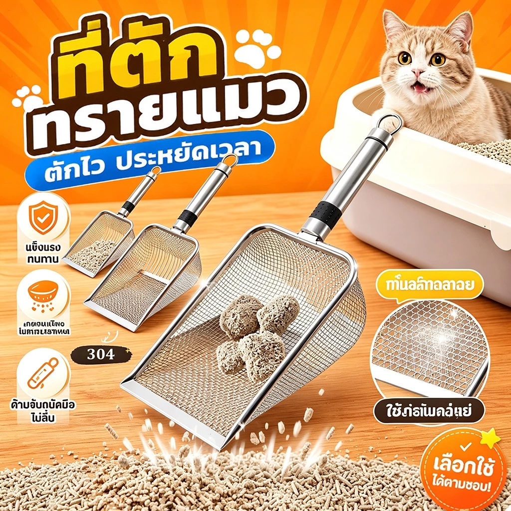 PETLUSCI® ที่ตักทรายแมว โลหะสเตนเลส ตะแกรง พลั่วตักอึสัตว์เลี้ยง สำหรับร่อนทราย ร่อนฝุ่น จับถนัดมือ ทนทาน